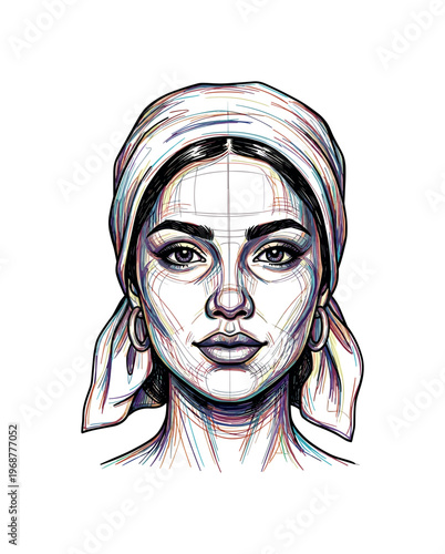Frontal bust portrait of a woman with a headscarf and hoop earrings