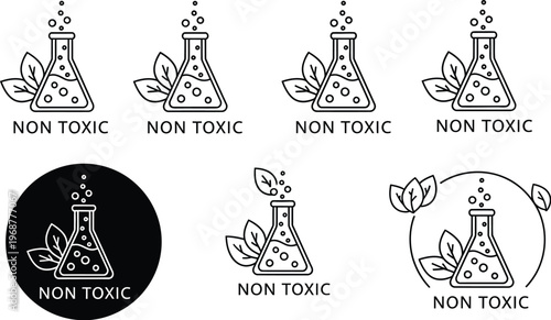 Laboratory flasks with leaves symbolize non-toxic chemical product icons, representing.