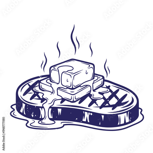 Of a thick grilled steak topped with a melting square block of butter with steam rising from the hot meat surface in a dark blue monochromatic line style