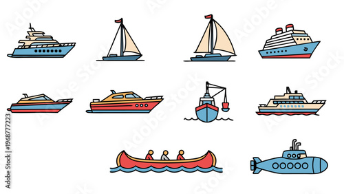 Collection of diverse watercraft illustrations, including yachts, sailboats, and submarines