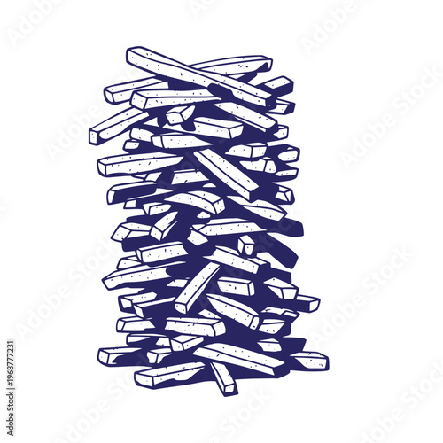 Stack of deep fried potato sticks drawn in a dark blue ink line style on a white background representing a portion of french fries