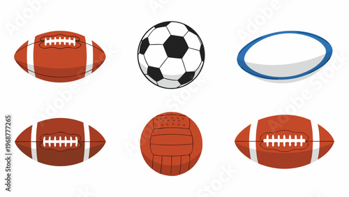 Collection of diverse sports balls including American football, soccer, and rugby