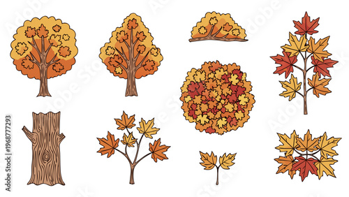 Collection of stylized autumn trees and leaves in warm colors
