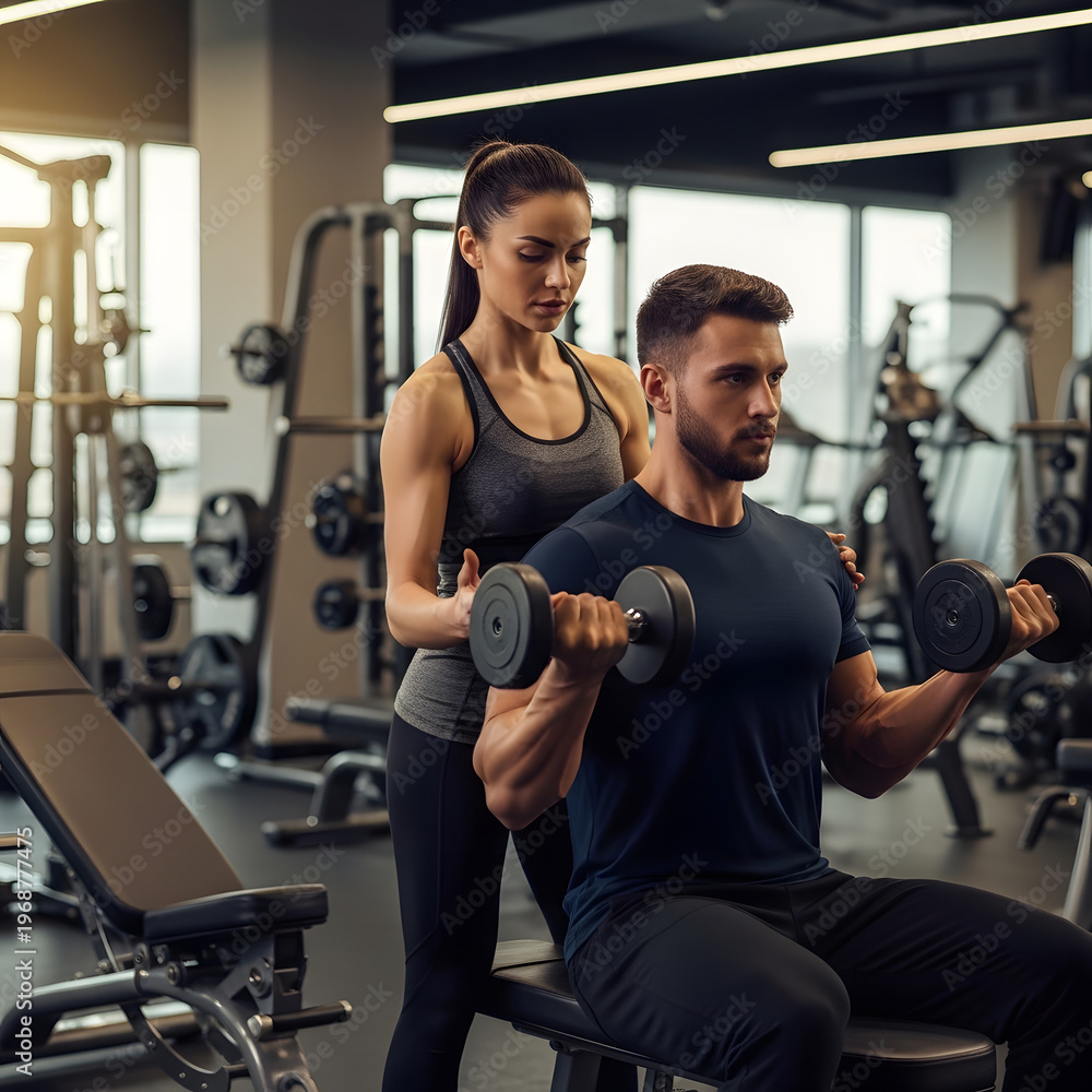 Fototapeta premium Fitness couple working out in modern gym strength training and healthy lifestyle