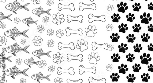 Seamless pet pattern background set with hand drawn fish skeletons dog bones and black paw prints for animal lovers wallpaper and fabric design