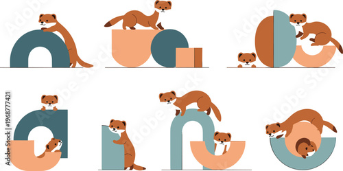 Flat vector illustration set featuring cute weasels and ferrets playing on colorful geometric shapes like arches circles and semicircles for nursery or educational design