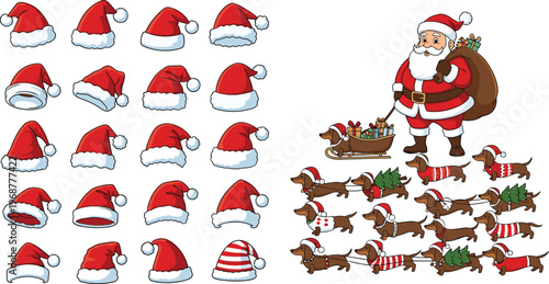 Christmas collection featuring Santa Claus with a gift sack and cute dachshund dogs in holiday sweaters pulling sleds alongside a large set of festive red Santa hats