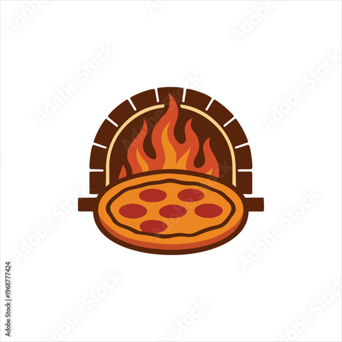 Delicious pizza cooking inside traditional brick oven with fire flames