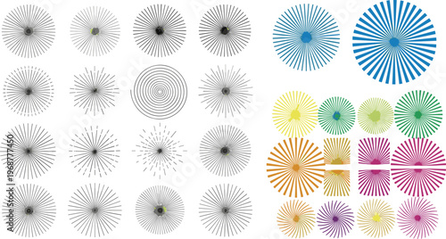Comprehensive collection of radial sunburst line elements and geometric spiral shapes in various colors and stroke weights for retro graphic design and background accents