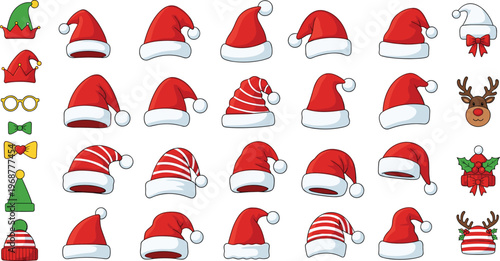 Large collection of Christmas Santa Claus hats and elf headwear including reindeer antlers festive bow ties and winter beanies for holiday photo booth props