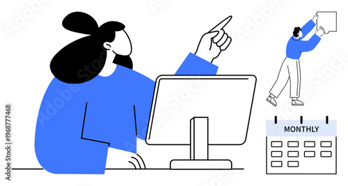 Time management concept. A person using a computer and a calendar to organize tasks and improve time efficiency. Time management for productivity, scheduling, planning, teamwork, and deadlines