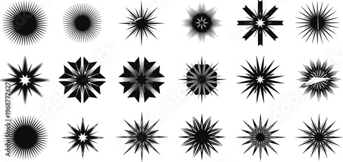 Starburst icons, sunburst shapes, radial symmetry, geometric design, decorative motif, abstract pattern, graphic art, circular burst, logo element, vector illustration