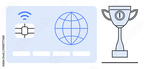 Digital payment concept. Digital payment icons chip-based card, global connectivity, and trophy for achievement. Digital payment in secure transactions, global trade, e-commerce, tech innovation