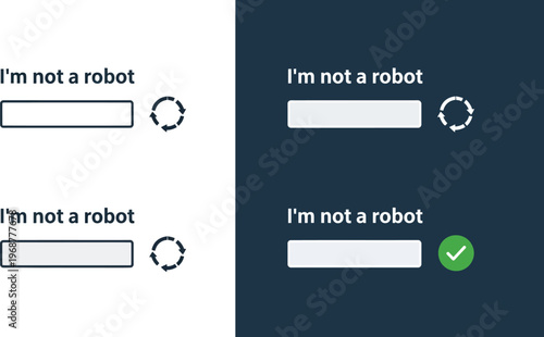 Interactive web security checkboxes display "I'm not a robot" verification prompts with.