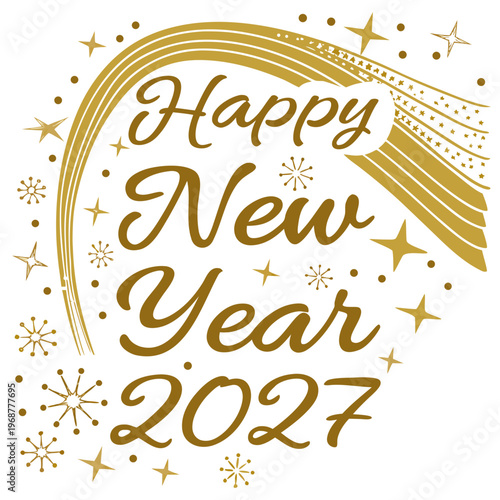 A golden stylized graphic announces happy new year 2027 with a shooting star and sparkling celebratory elements high quality professional