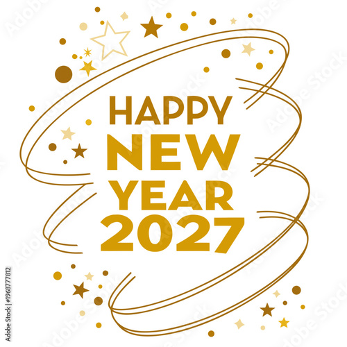 A golden stylized graphic announces happy new year 2027 with swirling lines and scattered star shaped and circular sparkles