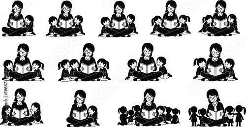 Storytelling silhouettes, teacher reading children, literacy education artwork, classroom learning illustration, nurturing environment design, child engagement theme, reading session artwork
