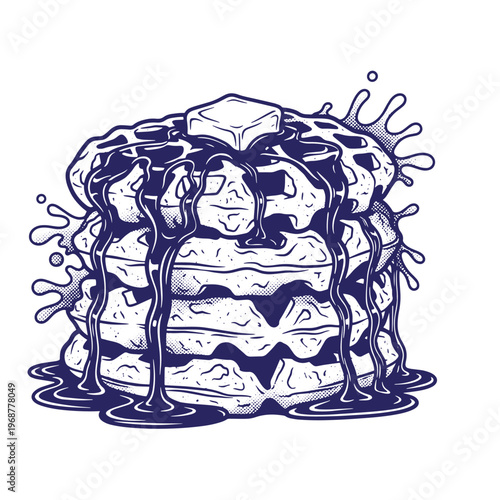 Stack of waffles with a square pat of melting butter and dripping syrup in a dark blue ink line style with halftone shading effects on a white background