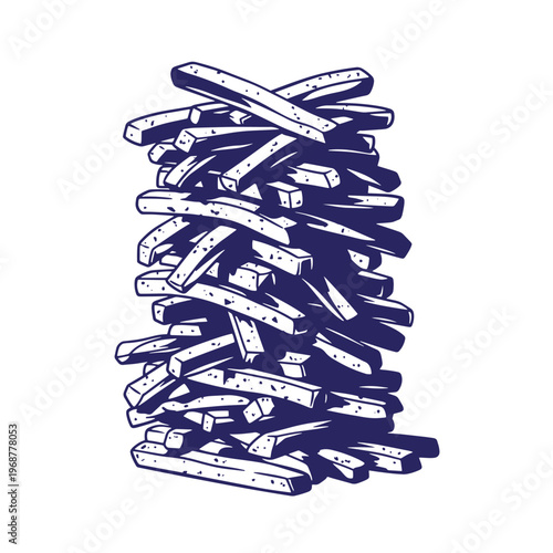 Tall stack of deep fried potato sticks in a dark blue monochrome ink style isolated on a white background