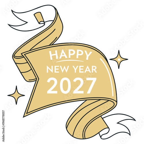 A golden ribbon banner announces happy new year 2027 with sparkling stars offering festive greetings and celebration high quality professional