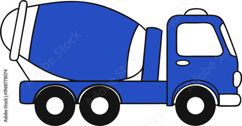 A blue cement truck with a large mixer on the back