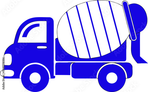 A blue and white image of a cement truck