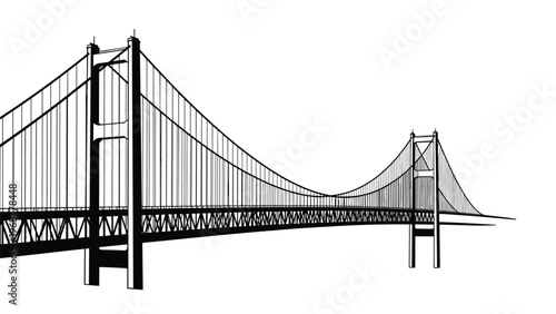 Detailed black and white architectural line drawing of a large suspension bridge stretching across a body of water.