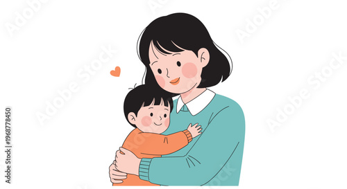 Loving illustration of a mother hugging her small child with a small heart symbol to express maternal affection and care.