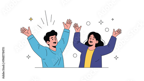 Man and woman cheering joyfully with their arms raised in celebration surrounded by stars and sparkles on white background.