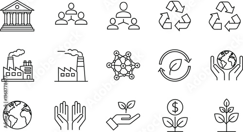 Sustainability icons set, eco-friendly illustration, recycling symbols, environmental awareness, climate change graphics, green living, conservation, 