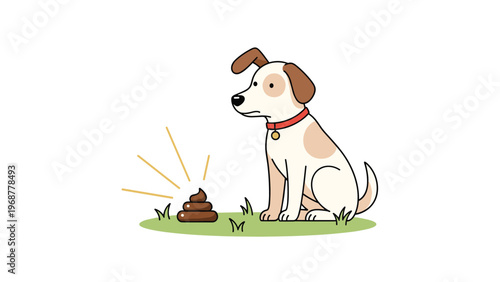 Small dog sitting on green grass looking sadly at its own pile of poop which is highlighted with stylized light lines.