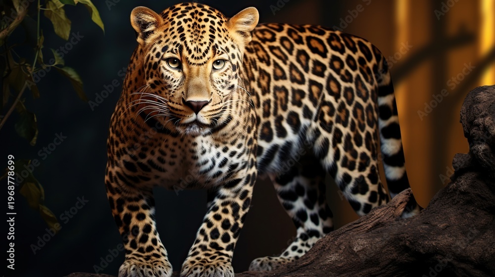 Obraz premium Majestic Leopard Standing in Shadowy Enclosure Amid Rugged Rock Formations