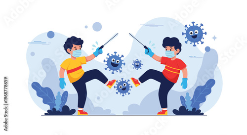 Two boys wearing face masks and gloves fighting virus characters with swords to represent immunity and health protection.