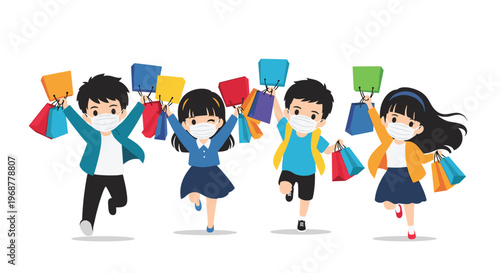 Group of children wearing face masks and running with many colorful shopping bags to show retail and seasonal sales activity.