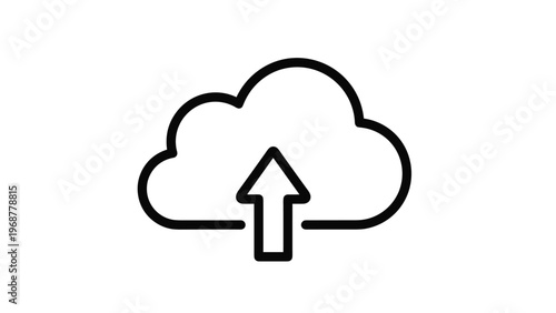 Simple black outline icon of a cloud with an upward arrow inside representing data upload or cloud storage services.