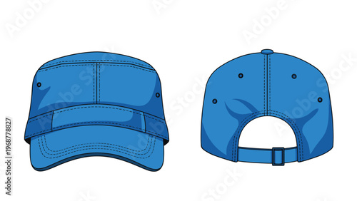Front and back views of a blue military style fatigue cap showing its internal structure and adjustable back strap.