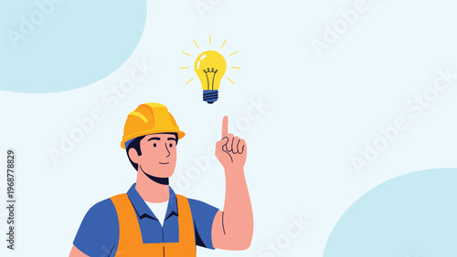 Construction worker in a yellow hard hat and orange vest pointing up to a glowing light bulb representing a new idea.