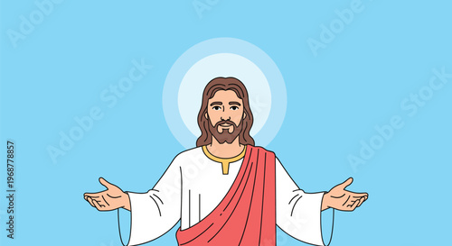 Symbolic cartoon illustration of jesus christ with open arms and a halo on a light blue background to represent divine love.
