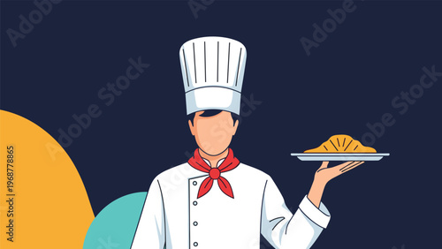 Professional chef character in a white uniform and tall hat holding a plate with a fresh croissant for service.