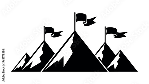 Black and White Vector Illustration of Mountain Peaks with Flags on Top