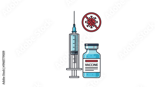 Medical vaccination kit featuring a blue vaccine vial and syringe placed next to a prohibited viral infection sign.