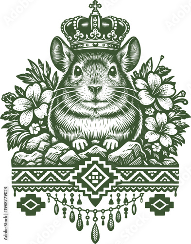 Crowned Chinchilla Floral Ethnic Illustration