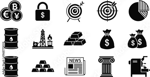 Business Finance Icon Set, Global Economy Symbols, Stock Market Investment, Oil Energy Gold Bullion, Banking Currency Trade, Financial Analytics Vector Graphic