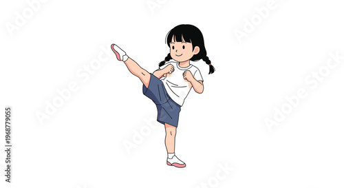 Active young girl with pigtails performing a high kick in a white t-shirt and blue shorts representing martial arts or sports.