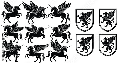 silhouette, mythical, creature, winged, unicorn, pegasus, magic, horse, heraldic, shield, griffin, crest, black, vector, illustration, set, isolated, white, background, design