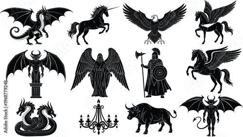Mythical, fantasy, creature, silhouette, set, dragon, unicorn, pegasus, angel, demon, eagle, warrior, hydra, black, vector, illustration, isolated, white, background, design