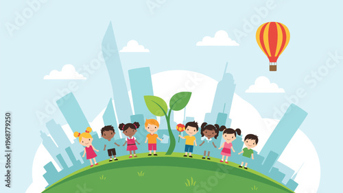 Happy diverse group of school children standing on a green hill with a city skyline and a growing plant.