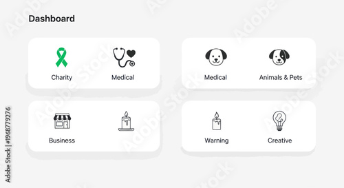UI Dashboard with Icons: Charity, Medical, Business, Animals, Warning, Creative