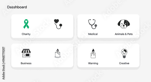 UI Dashboard with Icons for Charity, Medical, Pets, Business, Warning, Creative