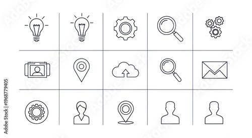 Vector Icons: Lightbulb, Gear, Magnifying Glass, Cloud, Map Pin, User, Mail